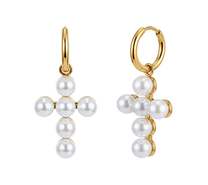Pendientes de Perlas con Cruz, Chapados en Oro de 18K y Rodio, de Acero Inoxidable 304 PVD, Venta al Por Mayor de Fábrica, Regalo de Moda para Mujeres - Product Image 1