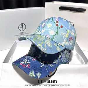 New Floral Denim Cap Printed Millinery Temperament Elegant Sun Hat Hard Top Beach Sun Protection Baseball Cap