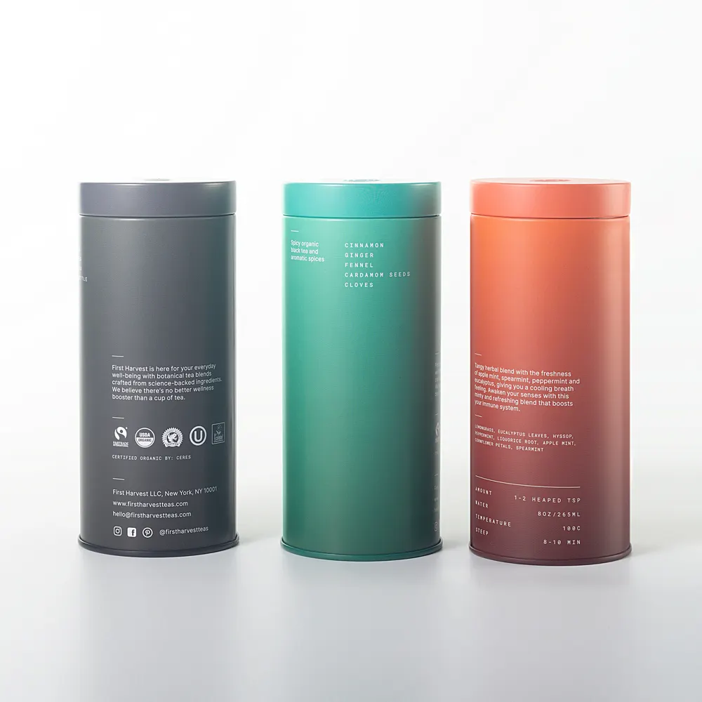 Embalaje de lata transparente cilíndrica con impresión personalizada para té suelto café Matcha polvo metal latas Paquete de té
