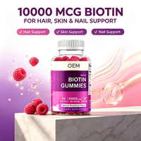 Gummies de biotine en marque blanche OEM, 60 unités, 10 000 MCG, 30 portions, saveur framboise, complément alimentaire