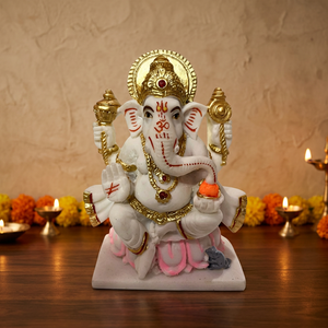 Ídolo Ganpati Bappa de Oro Blanco Sentado sobre una Flor de Loto, 5 Pulgadas, Acabado en Polvo de Mármol, Ganesha Murti para Diwali, Pooja, Templo, Oficina y Escritorio - Product Image 4