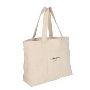 حقيبة حمل قماشية كبيرة بدون رسومات عالية الجودة للبيع بالجملة ، حقيبة تسوق كبيرة السعة ، حقيبة حمل للشاطئ بطباعة حروف من القطن
