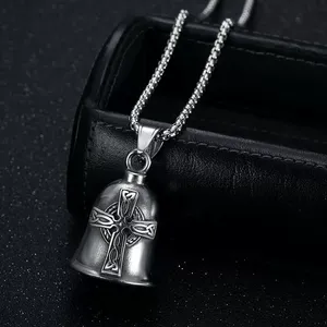 Acier Inoxydable Sans Ternissure Punk Croix Moto Cloche Pendentif Collier Croix Gardien Biker Gremlin Cloche pour Hommes Femmes - Product Image 4