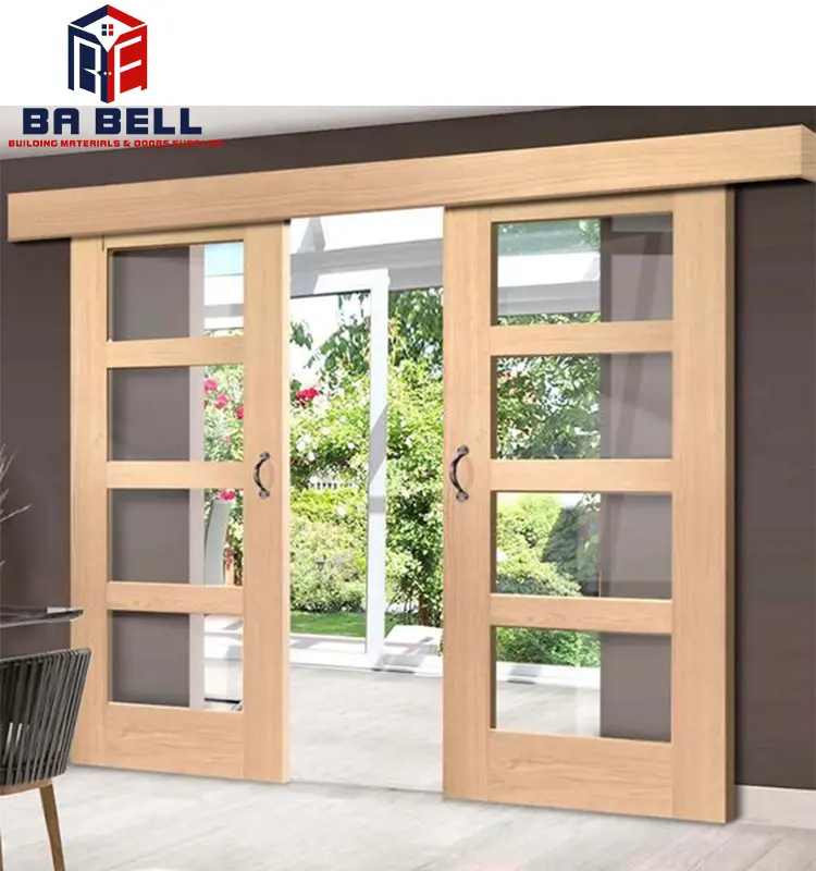 फ्रेंच आँगन देहाती शैली ग्लास पैनल दरवाजा लकड़ी लकड़ी के फ्रेम रसोई डबल फिसलने लकड़ी प्रविष्टि आंतरिक दरवाजे