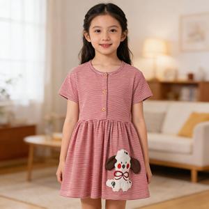 Vestito Estivo per Bambine con Applicazione di Cucciolo, Lavorato a Maglia, a Righe Rosse e Bianche, Lunghezza al Ginocchio, 2-7 Anni, Supporto per Ordini all'Ingrosso OEM/ODM - Product Image 1