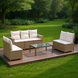 Ensemble de salon de jardin en rotin beige avec structure en acier et verre trempé, mobilier d'extérieur pour jardin, style contemporain, 6 places - Product Image 2
