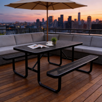 Ensemble de tables et bancs de pique-nique commerciaux toutes saisons en acier expansé, durables, modernes, rectangulaires, pour terrasse