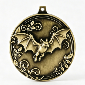 Médaille circulaire en laiton avec motif de chauve-souris, plaquée or, thème animal en relief, décoration d'Halloween - Product Image 1
