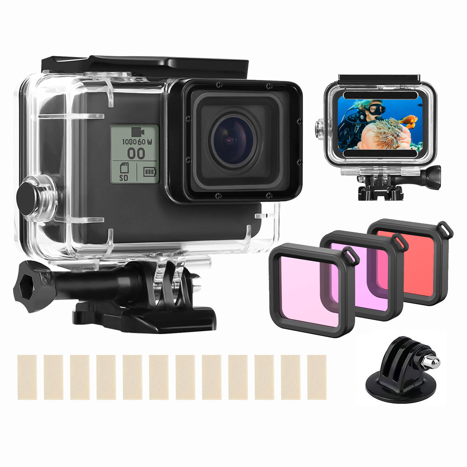 Accessories Kit for Go Pro Hero 12 11 10 9 8 7 6 5 Black Waterproof Housing Tempered Glass Screen Protector for GoPro Accessory