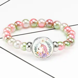 Unicorn Beads Bracelets 18mm Snap Holder Buttons Dome Cabochon Flamingos Charms Trendy Bracelets Girls Women Boy Jewelry Gift