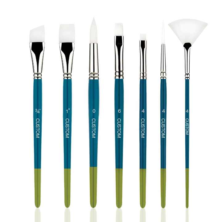 Quality 7PCS White Nylon Hair Two Color Wood Handle Fan Round Flat Angular Liner Shape Design Acrylic Paint Brush Sets