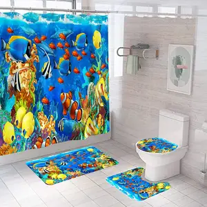 Dolphins and Tropical Fish Clownfish Nemo Decor 4 Piece Bath Set Shower Curtain Set w Non-Slip Rug, Toilet Lid Cover, Bath Mat