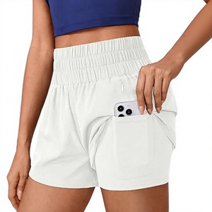 Shorts pour femmes à taille haute, élastiques, à séchage rapide, en spandex/polyester, avec logo personnalisé sur la taille, style moto et motard - Product Image 1