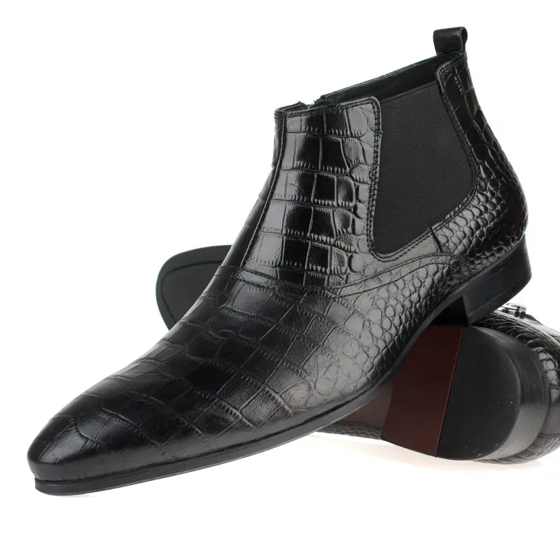 Men's boots made of pure leather from Europe and America. high top shoes.stone pattern pointed toe formal shoes