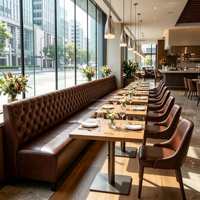 Ensemble de banquettes Chesterfield de luxe pour restaurant, canapé capitonné en cuir, table en bois et chaises