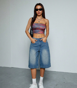 Shorts en <span class=keywords><strong>jean</strong></span> délavé bleu rétro pour <span class=keywords><strong>femme</strong></span>, coupe droite, style américain, décontracté et polyvalent, pantalon large, longueur cinq minutes. - Product Image 1