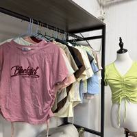 Atasan Polo Crop Top Wanita Warna Campur Model Tali Serut Y2K Slim Lengan Pendek Kaos Bekas Grosir Bal