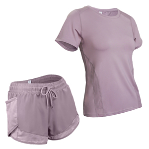 סט 2 חלקים של חולצת טי קצרה עם רשת נושמת, מותן גבוה וגומי, ומכנסיים קצרים, ספנדקס/ניילון, ייבוש מהיר, ליוגה - Product Image 1