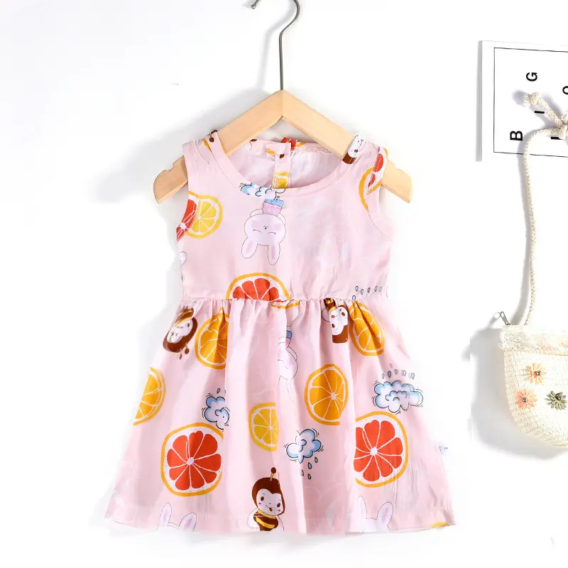 Wholesale Summer Fresh Sleeveless Baby Girls Dress Pink Printed Soft Breathable Sweat-absorbent Baby Dresses 1-2years