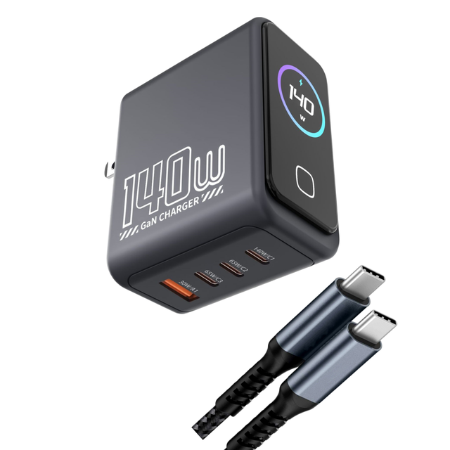 USB-C 140W GaN Charger Block Smart Display Touch Control Foldable Design 4-Port PD/PPS Fast Charging 5Ft Cable