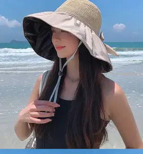 כובע דלי חוף שמש אופנה סרוגה לנשימה בעבודת יד פס מתקפל קיץ לנשים מבוגרים אופי UF50