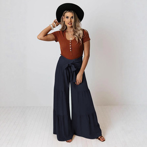 Elegante Flowy Cintura Alta Boêmio Calças De Perna Larga - Product Image 2