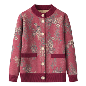 Pull/Cardigan tricoté vintage brodé floral automne/hiver pour femme d'âge moyen et âgée, 100 % polyester épais - Product Image 1