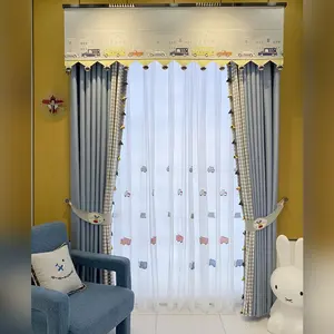 Kids Room Linen Curtain Car Hangings Embroidered Certified Curtain Anti Allergenic Nursery Room Curtains Blue and Yellow Plaid