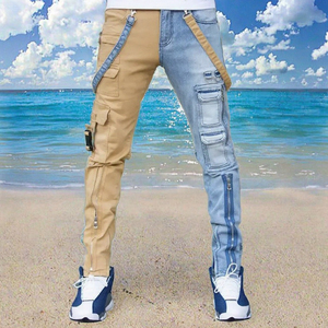 Custom Men Locked & Loaded Pencil Pants Knitted Washed Denim <b>Jeans</b> Patch <b>Work</b> Strap Calf Front with Zipper Autumn Winter - Product Image 3