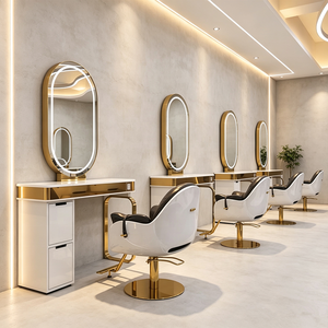 Modern <b>Salon</b> Styling Station With Oval Mirror Gold Frame White <b>Desk</b> Chair Contemporary Design Commercial Furniture - Product Image 1