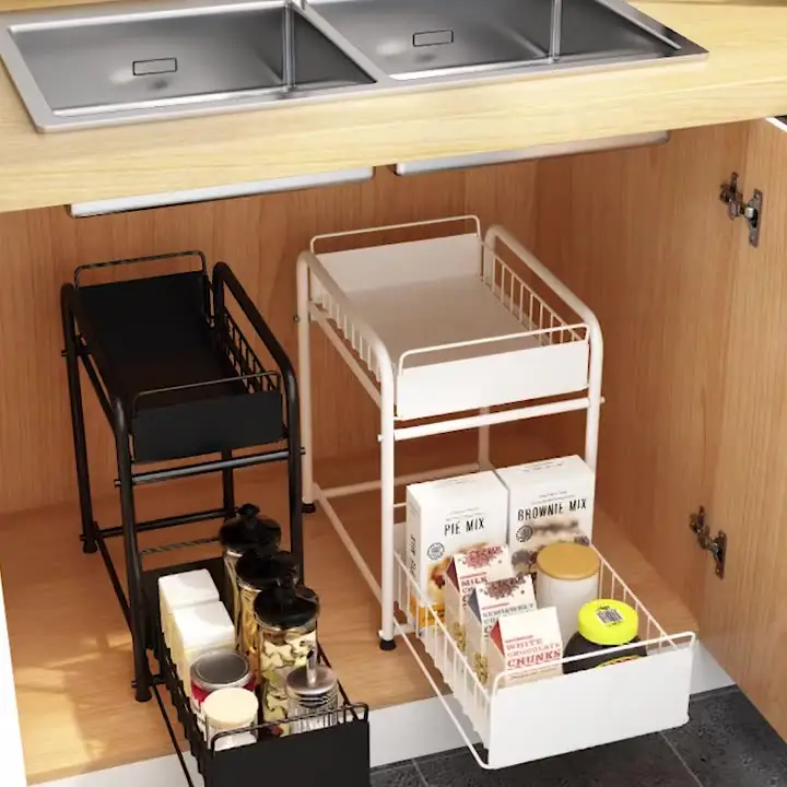 Bathroom Organizer Pull-out Cabinet Seasoning Sundries Storage Metal 2 Layer Kitchen Rack Storage