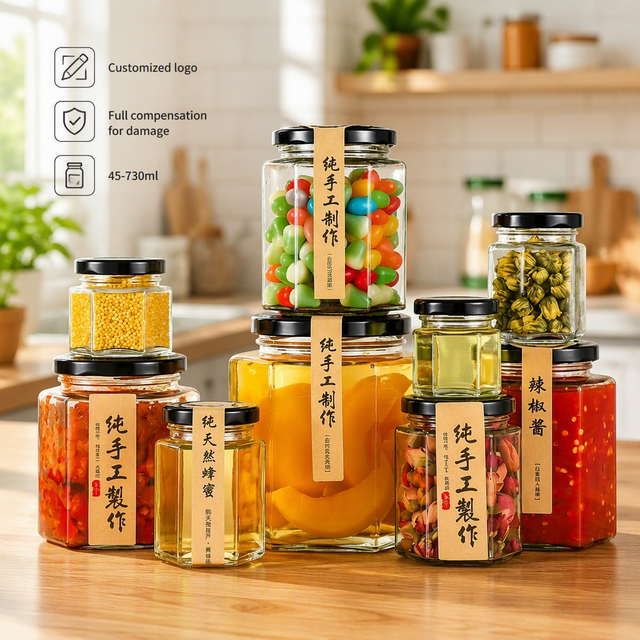 Food Grade Hexagonal Glass Jar Bottle 45-730ml Airtight Containers for Honey Jar Jam  Candy Chocolate Pet Food Empty Glass Jar