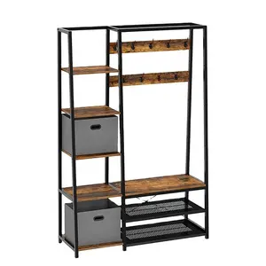 HB Hall Tree with Side Storage Shelves, Entryway Hall Tree with Shoe Bench and Coat Racks and 2 Foldable Cube Storage Bins
