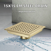 Siphon de sol carré moderne 15x15 cm pour salle de bain, grand débit, en acier inoxydable