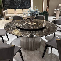 Ensemble de table à manger ronde en marbre avec plateau tournant, base en métal cannelé, veines dorées, luxe italien pour salle à manger, Mesa