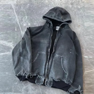 Custom High Quality Acid Washed Vintage Faded Distressed Sweatshirt 500gsm Hoodie <strong>Hooded</strong> <strong>Zip</strong> up Denim Puff Sleeve Jacket Hoodie - Product Image 2