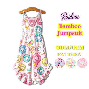 Combinaison pour tout-petits en bambou 230 GSM, sans manches, à bretelles spaghetti, imprimé intégral, à volants, jambes larges, tenue d'été pour filles, combinaison pour filles en bambou - Product Image 3