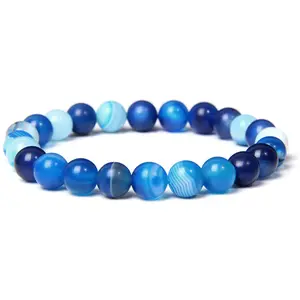 New Designs 8mm Simple Matte Shiny Blue Stripe Agate Onyx Natural Stone Beads Stretch Bracelet
