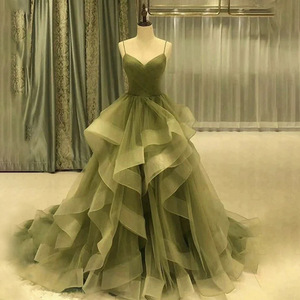 Green Sweetheart Neckline Chiffon Wedding Dress With Ruffles And Straps For Indoor Forest Theme Photoshoot Gown - Product Image 1