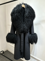 Janveny 2026 Nouvelle Collection Hiver – Manteau en Laine et Cachemire Mélangé avec Vraie Fourrure de Mouton de Mongolie pour Femme, Longueur Genou, à Lacets