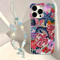 Coque de téléphone portable INS en soie argentée à motif tortue de mer bleue et étoile de mer avec chaîne pour iPhone 16 17 Pro Max Air