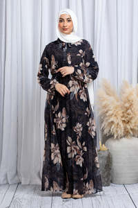 Vestido Largo Modesto con Estampado Floral Negro Personalizado de Leduo, Abaya con Puños Fruncidos para Musulmanas - Product Image 2