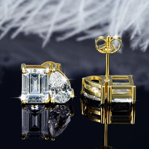 Nouvelles Boucles d'Oreilles en Gros, Émeraude et Zircon Poire, Plaqué Or 14K, Design Géométrique Bicolore, Clous d'Oreilles à Deux Pierres, Cadeau pour Fiançailles - Product Image 3
