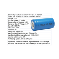 RCR123 16340 baterai Lithium Ion silinder 700mAh 1500 V isi ulang 3.7 mAh untuk lampu senter kamera
