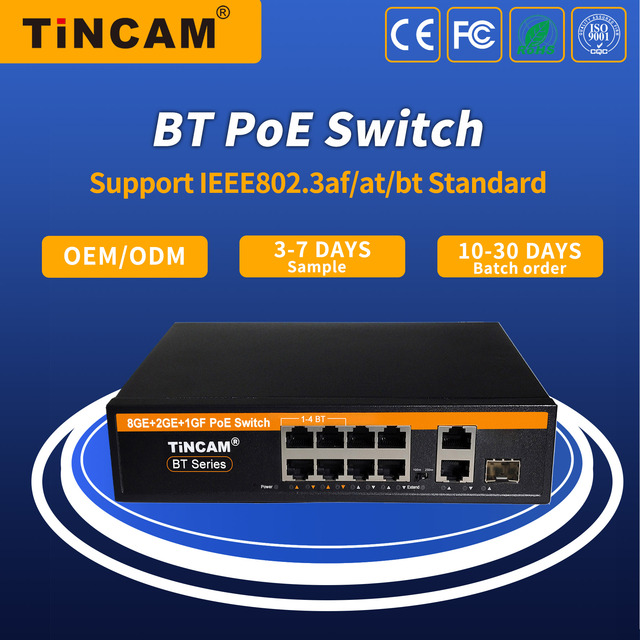 TiNCAM 8 Full Gigabit POE++ Port PoE Switch 2*1000Mbps Uplink 1*SFP Network Switches 802.3 BT Unamanged VLAN for Dahua Camera AP