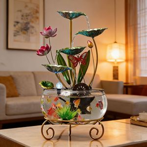 Fontaine d'eau Lotus, ornement d'aquarium avec poissons et lumières pour décoration intérieure - Product Image 3