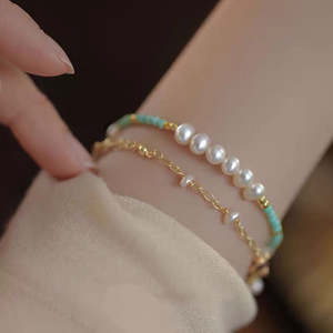 WENCHI Natural Seedless Freshwater Pearl <b>Beaded</b> Turquoise <b>Bracelet</b> Fine Jewelry 16cm+3cm Adjustable Copper Plated 14k <b>Gold</b> - Product Image 4