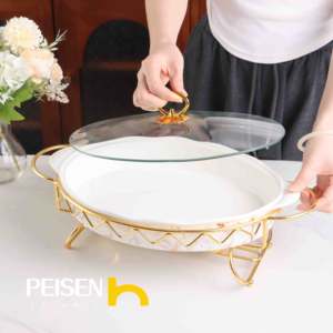 Nouvelle casserole en céramique ovale dorée de style européen avec support en fer Pot à soupe élégant pour buffet - Product Image 6