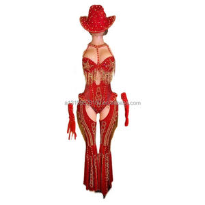 Red Nail Hollow Chain Full Diamond Sexy Sombrero de una pieza Conjunto completo para conciertos Discotecas Bares Actuaciones Disfraces - Product Image 1