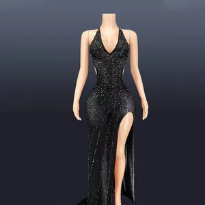 NRobe De Mariage Mode 2021 Backless V-neck Black Rhinestone Dress for Wedding Birthday Stage Show Vestido De Gala